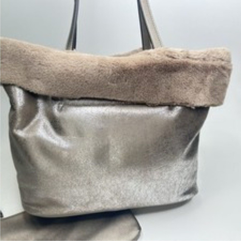 NEW Jessica Simpson Shoulder Faux Fur Tote Bag Metallic Purse & Pouch Set